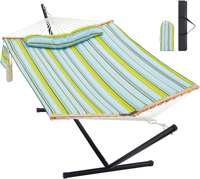 Two Person Hammock with Stand for Outside Heavy Duty, Outdoor Patio Hammock with Portable Steel Stand, Large Double Hammocks,480lbs Capacity.(Light Blue Stripes)