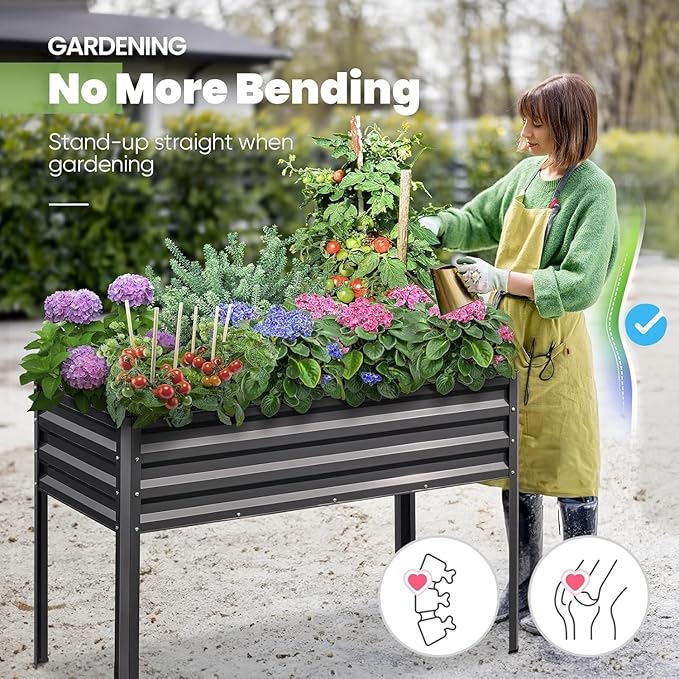KING BIRD Raised Garden Bed with Irrigation System and Legs Galvanized Elevated Planter Box 48×24×31.5 in for Backyard, Patio, Balcony, 400lb Capacity, Dark Grey