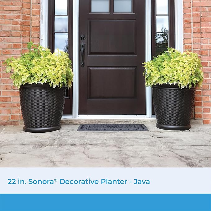 Suncast Sonora 22 Inch Plastic Wicker Indoor or Outdoor Decorative Garden Flower Planter for Entryways, Porch, and Backyard Patios, Dark Brown