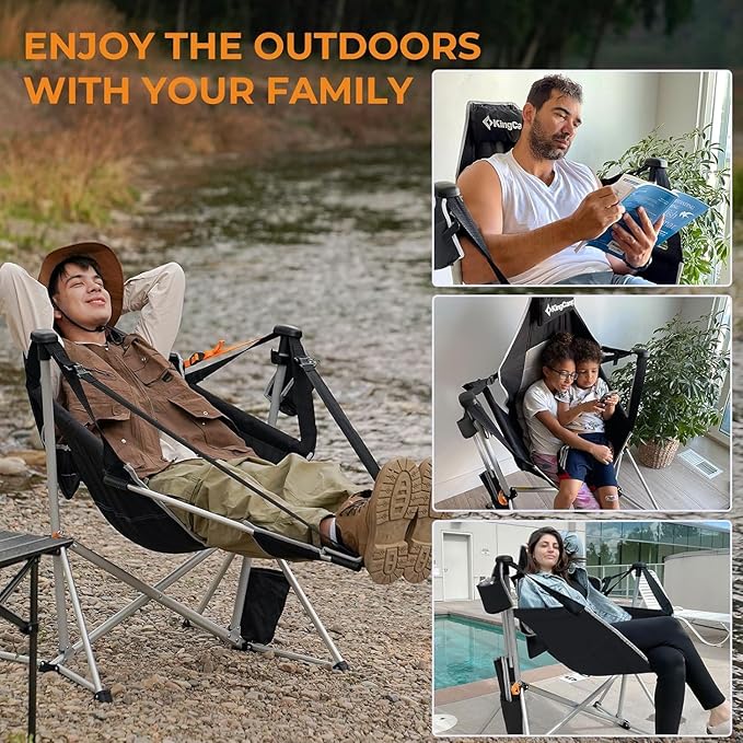 KingCamp Hammock Chair with Footrest – Heavy Duty Swinging Rocking Camping Chairs for Adults up to 400lbs, Folding Portable Oversized Rocker with Cup Holder & Pillow for Outdoor Beach Lawn RV Sports