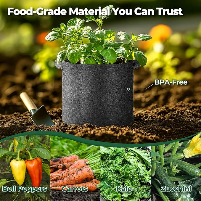 T4U 7 Gallon Grow Bags, Upgrade Grow Bags with Handles, Heavy Duty Thickened Nonwoven Fabric Pots, 7 Gallon Pots for Plants, Bell Pepper, Chili, Carrot, Kale (10 Pack)
