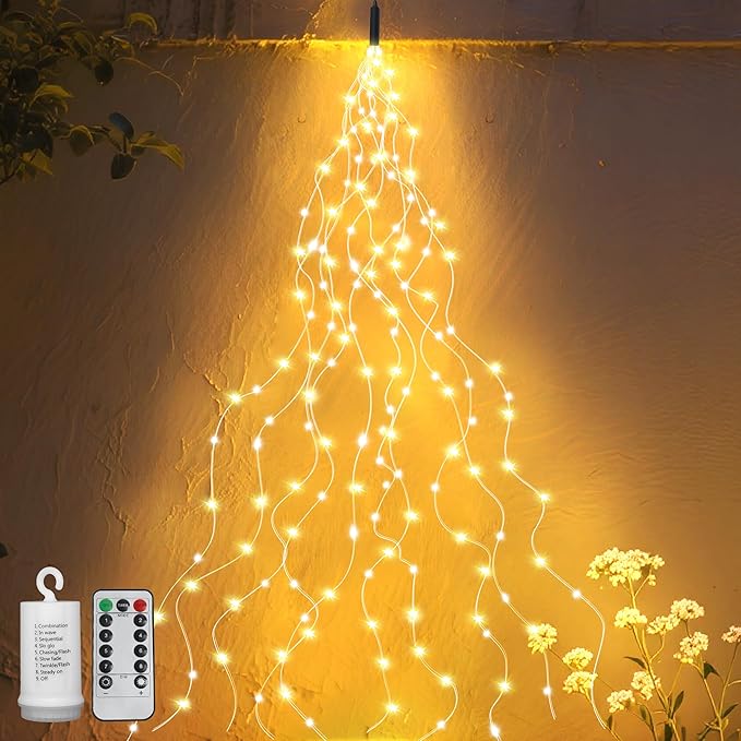 ZNYCYE 1 Pack Battery Operated Fairy Lights with Timer, Waterproof Waterfall Flash Lights 8 Modes 10 Strands 200 LEDs Hanging Vine String Lights with Remote for Outdoor DIY Watering Can Lights