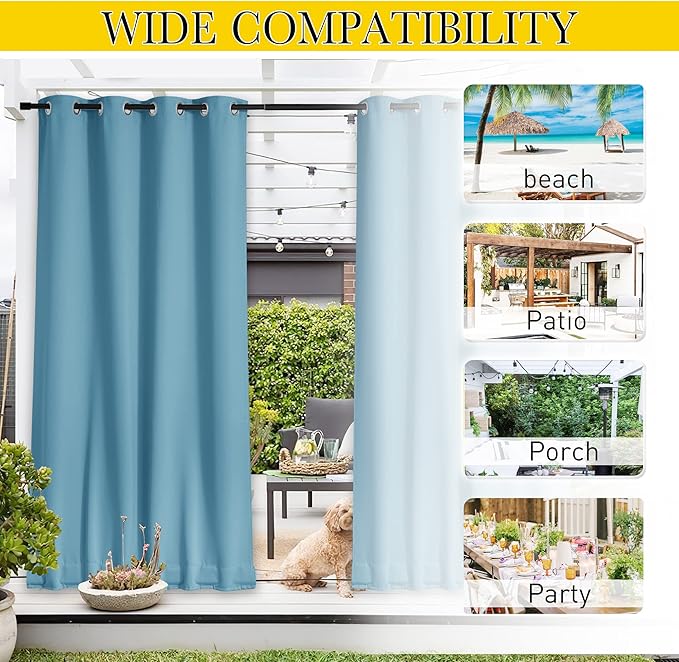 NICETOWN 2 Panels Gazebo Curtains Outdoor Waterproof & Windproof, Top and Bottom Grommet with Back Tab Wind-Break Outdoor Dividers Blackout Blinds with Fixed Rope for Patio, W52 x L84, Light Blue