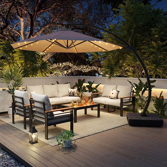 Aoxun Aluminum Patio Furniture Set with Umbrella 7 Seats, Oversized Outdoor Sectional with Washable Thick Cushions, Coffee Table and Waterproof Cover, Patio Conversation Sets for Porch, Balcony, Deck