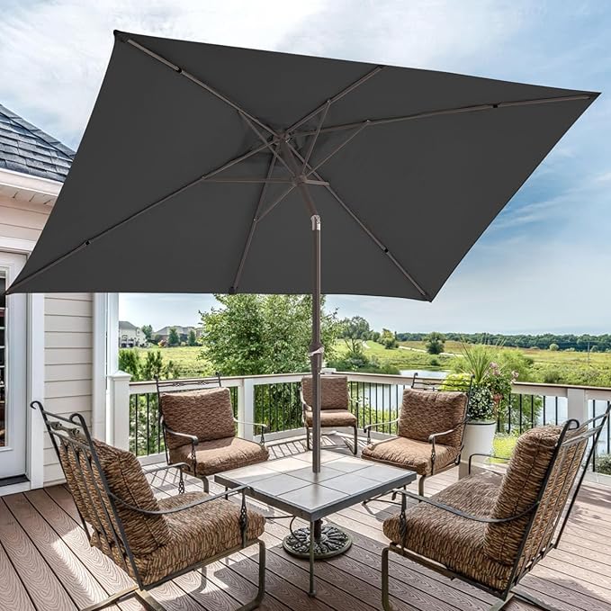 JEAREY 6.5x10 ft Rectangular Patio Umbrellas Rectangle Outdoor Umbrella with Push Button Tilt and Crank, Market Table Umbrella 6 Sturdy Ribs UV Protection for Poolside Garden Backyard Deck, Gray