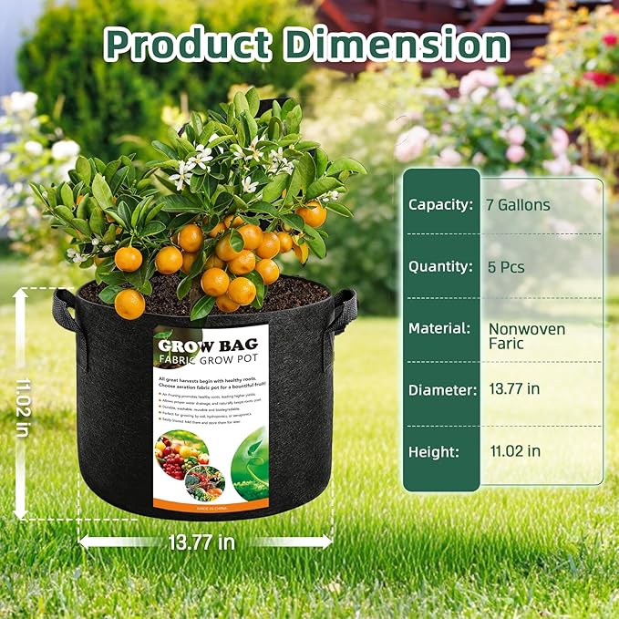 5 Pack 7 Gallon Grow Bags with Handles, Thickened Aeration Nonwoven Fabric Garden Growing Bags Heavy Duty 300G for Tomato, Potato, Strawberry, Vegetable, Fruits and Flowers