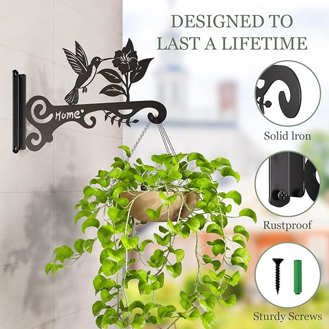 Metal Plant Hooks (2-Pack) - Decorative Wall Hangers with Bird Design for Indoor & Outdoor Use - Hanging Brackets for Plants, Flower Baskets, Bird Feeders, Lanterns - Patio, Garden, Home Decor