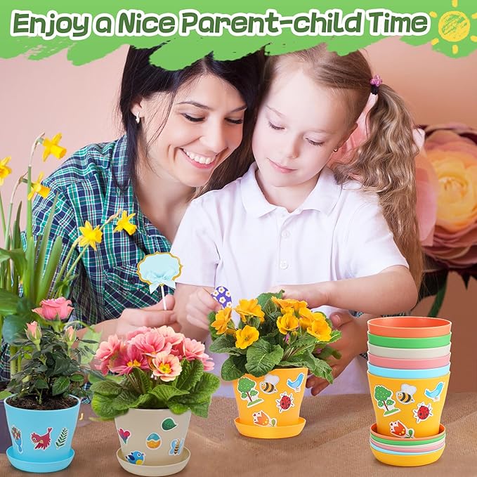 Durable Resin Garden Pot Craft Kit for Kids- 24 Pack Colorful Flower Plant Spring Crafts with Super-adhesive Stickers & Blank Labels School Activities Growing Kit for Classroom Home DIY Gift 4+ years