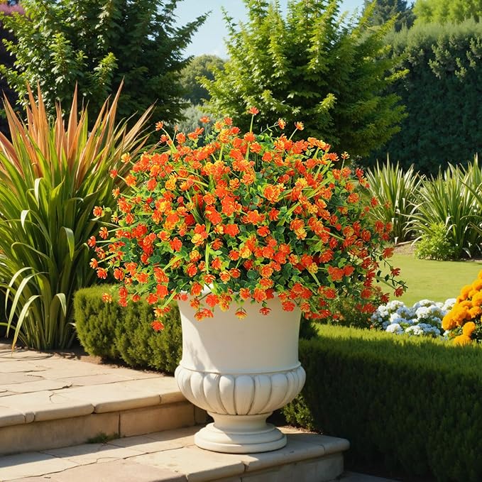 20 Bundles Artificial Flowers for Outdoors Fake Plastic Flowers UV Resistant Realistic Faux Plants Shrubs for Spring Summer Garden Porch Yard Patio Planter Window Box Home Decor, Orange