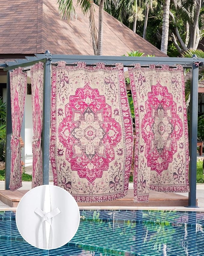 Pink Bohemian Outdoor Curtains for Patio Waterproof, Grommet Privacy Curtain Drapes Weatherproof Outside Curtains for Porch GazeboPergola Cabana 2 Panel 54x84inch Medallion Floral Geometric Printed