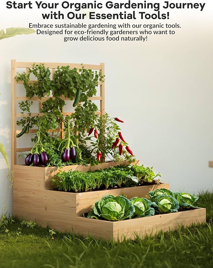 3-Tier Elevated Garden Planter, Wooden Vertical Raised Bed with Trellis & Drainage Base – Ideal for Climbing Plants, Flowers, Herbs, Vegetables – Outdoor Planter Box for Patio, Yard, or Lawn
