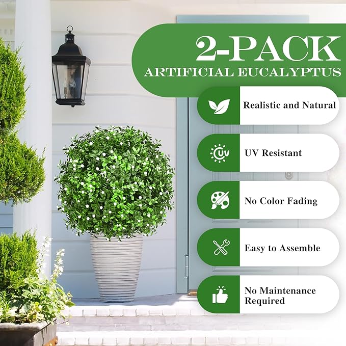 Artificial Topiary Bushes for Outdoors with Spike, Boxwood Ball Fake Shrubs UV Resistant Faux Plants for Indoor Outdoor Fall Thanksgiving Halloween Decor (Gypsophila Boxwood White-2 Packs)