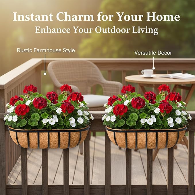 30“ Window Box Railing Planter with Coco Liner Metal Wall-Mounted Coconut Liner Planter Basket English Horse Trough Planters for Outdoor Deck Balcony Porch Fence Patio Black (4 Pack)