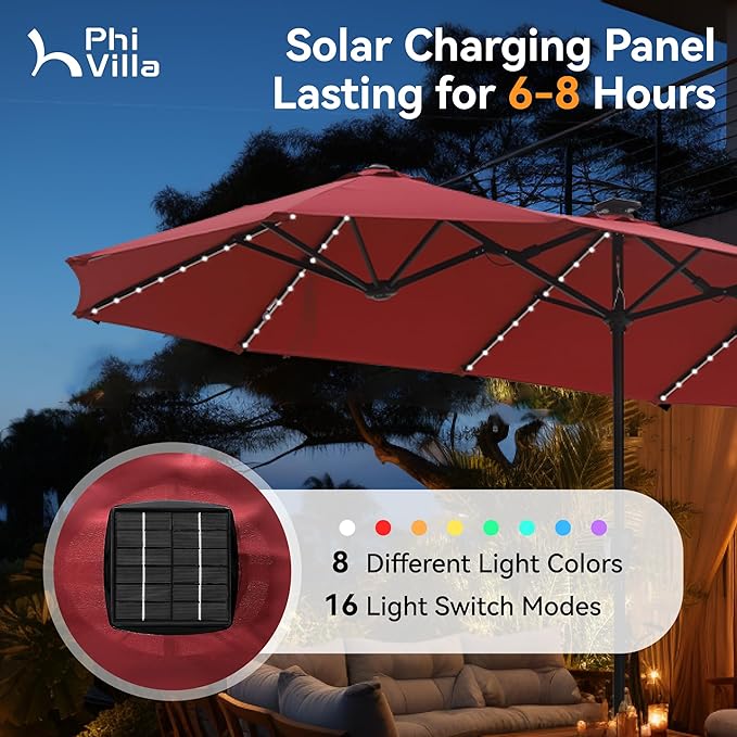 PHI VILLA 13ft Patio Umbrella with Solar-Powered 120 PCS LED Color-Changing Lights, Triple-Head Large Rectangle Umbrella Outdoor Patio for Table with Crank Lift,Dark Red(No Base)