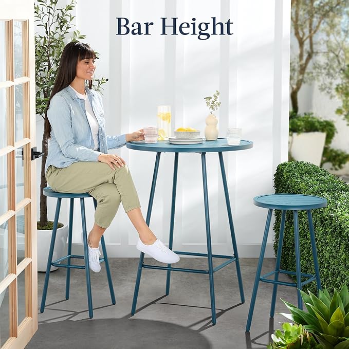 Best Choice Products 3-Piece Patio Dining Set, Bar Height, Outdoor Bistro Set, Outdoor Round Bar Table w/ 2 Bar Stools, Steel - Peacock Blue