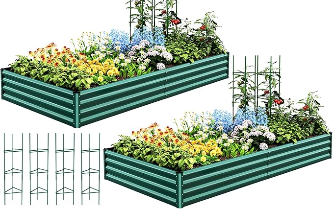 Quictent Galvanized Raised Garden Bed 8x4x1 Ft Metal Planter Box for Vegetables Bottomless for Backyard, 2 Tomato Cages Included, Green 2PCS