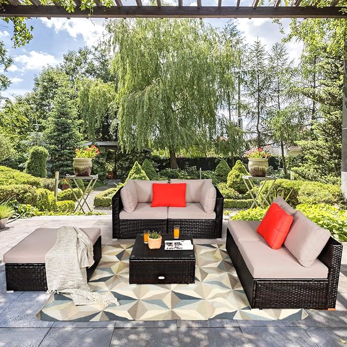 Tangkula 6 Piece Patio Furniture Set, Outdoor Deck Lawn Backyard Durable Steel Frame PE Rattan Wicker Sectional Sofa Set, Conversation Set with Coffee Table (Beige)