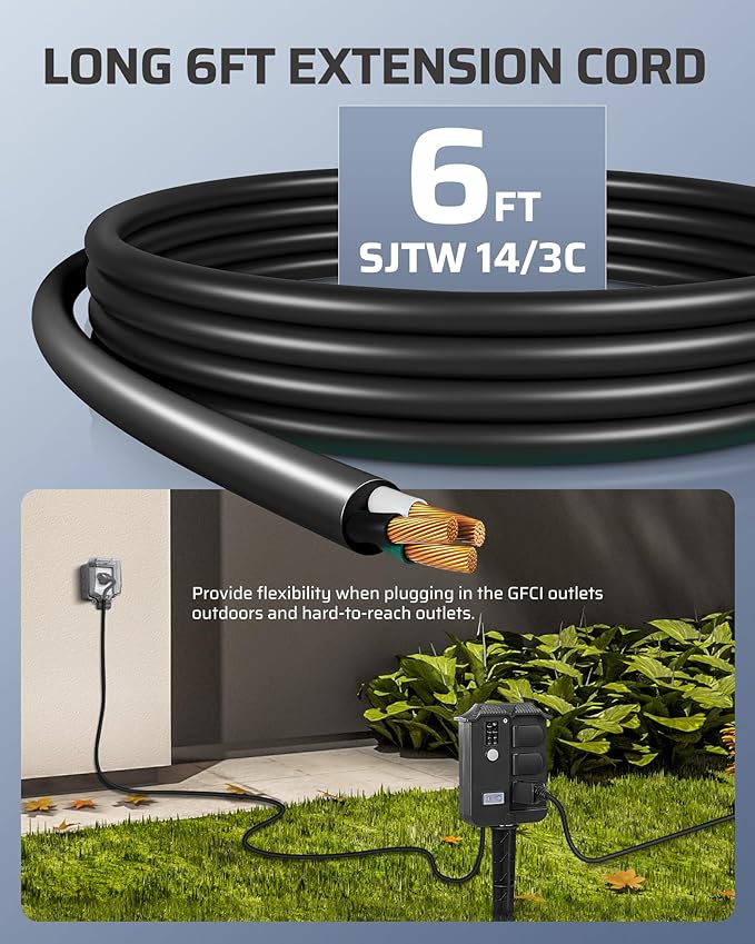 DEWENWILS Outdoor Power Stake Timer Waterproof, 6 Grounded Outlets, 6FT Extension Cord, 100FT Wireless Remote Control, Photocell Dusk to Dawn Timer for Lights, Yard, Garden, UL Listed