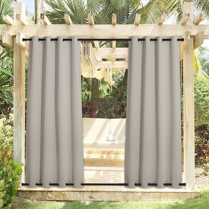 NICETOWN 2 Panels Gazebo Curtains Outdoor Waterproof & Windproof, Top and Bottom Wind-Break Outdoor Drapes Thermal Insulated Blackout Blinds Cold & Heat Block for Patio, W52 x L95, Natural