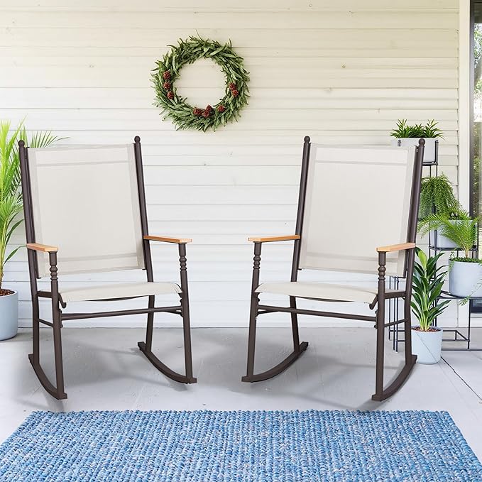 Shintenchi 2 Pcs Outdoor Rocking Chairs Set,Upgraded High Back Patio Rocking Chairs Set,Breathable Textilene Fabric Rocking Chair for Porch,Patio,Garden,Balcony,Creamy White