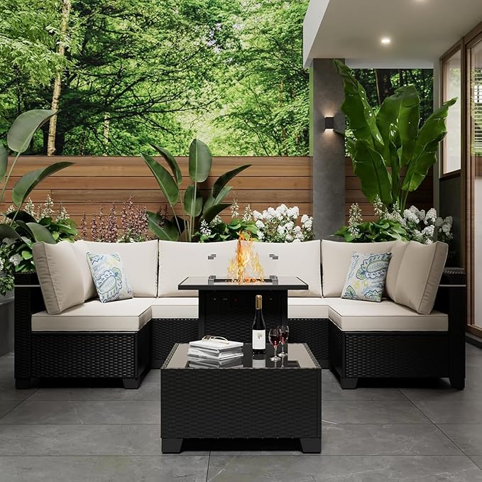 8 Pcs Patio Furniture Set with Fire Pit Table Wicker Outdoor Sectional Sofa, Conversation Set Perfect for Backyard, Garden, Deck (Deep Brown/Beige)