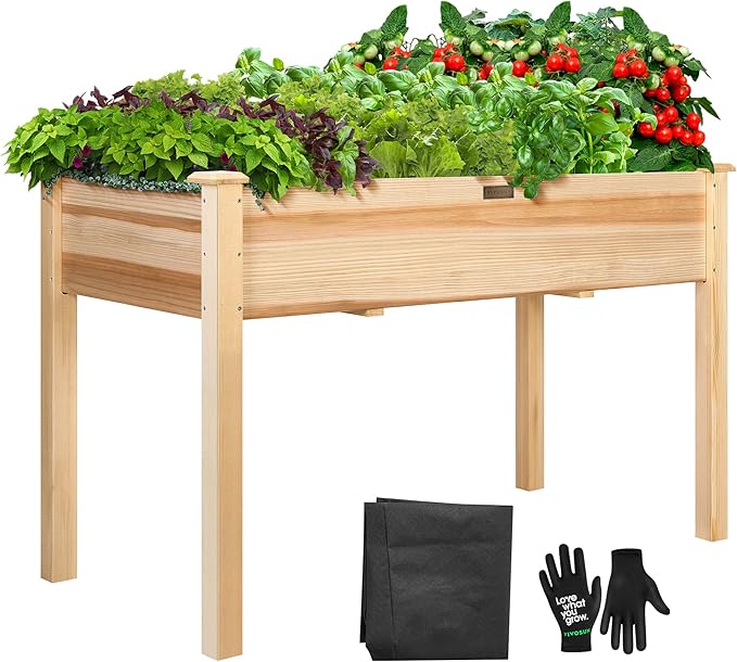 VIVOSUN Elevated Wooden Raised Garden Bed, 48 x 24 x 30 Inches, Outdoor Wood Planter Box w Bed Liner and Gloves for Garden, Patio, Balcony, Backyard and Outdoors, 220-Pound Capacity