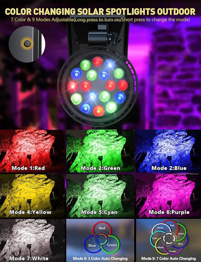 Solar Outdoor Lights, 9 Modes Color Changing 18 LED Halloween Solar Spot Lights Outdoor Waterproof Spotlight Landscape Light Solar Powered for Garden Yard Tree Flag Patio Christmas(2 Pack)