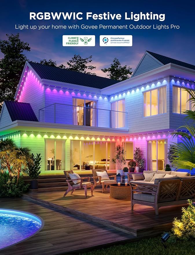Govee Permanent Outdoor Lights Pro, 100ft with 60 RGBIC LED Lights for Daily and Accent Lighting, 75 Scene Modes for Outdoor Decor, IP67 Waterproof, Works with Alexa, Google Assistant, Matter, Black