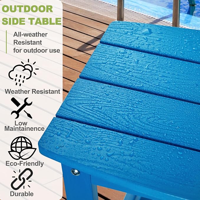 Y&M Outdoor Side Table, HIPS Adirondack Small Single Table, Waterproof Square Outside Table, Balcony Modern End Tables for Patio, Pool, Beach, Porch, Deck, Indoor or Outdoor Use, Bright Blue