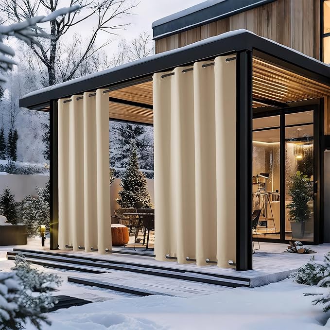 NICETOWN Weighted Outdoor Curtains for Patio Waterproof 84 inches Long 2 Panels, Windproof Drapes Top & Bottom Grommets, Thermal Insulated Blinds Keep Privacy for Yard/Porch, Biscotti Beige, 52" Wide