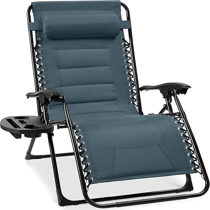 Best Choice Products Oversized Padded Zero Gravity Chair, Folding Outdoor Patio Recliner, XL Anti Gravity Lounger for Backyard w/Headrest, Cup Holder, Side Tray, Polyester Mesh - Slate Blue