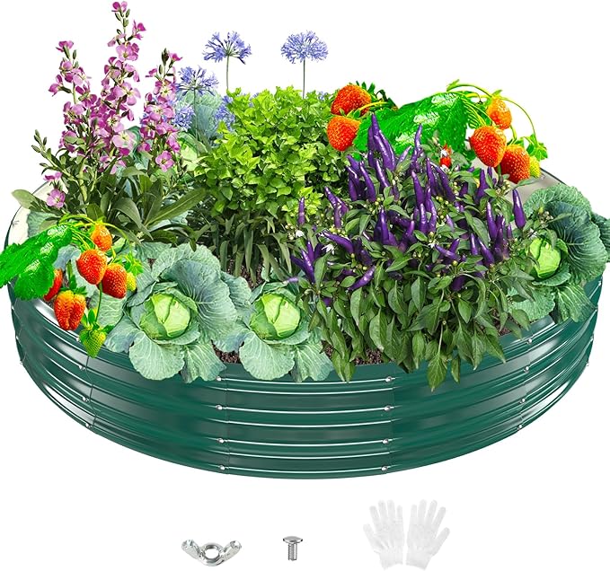 Durable Round Galvanized Steel Raised Garden Bed for Planting,Round Galvanized Steel Fire Ring/Fir Pit for Outdoor- 6×6×1FT,0.8MM Thick (Dark Green, 72 ins Diameter x 12 ins high)