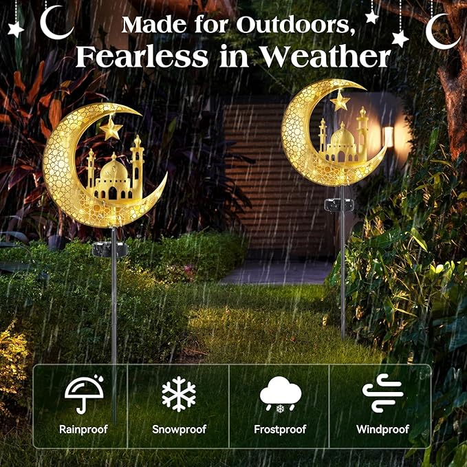 Lewondr 2Pcs Ramadan Solar Lights, Ramadan Decorations Outdoor, Metal Yard Signs LED Eid Decorations Mubarak Star Moon Castle, Waterproof Solar Garden Stakes Lights for Walkway Lawn Patio
