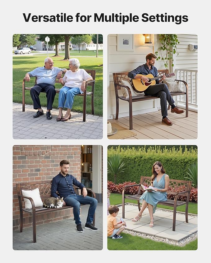 VEVOR Outdoor Bench, 46 inch, Carbon Steel Metal Frame with PVC Mesh Pattern Backrest and Round Edge Armrests, Weatherproof Outside Bench for Patio, Garden, Park, Yard, Front Porch, Antique Bronze