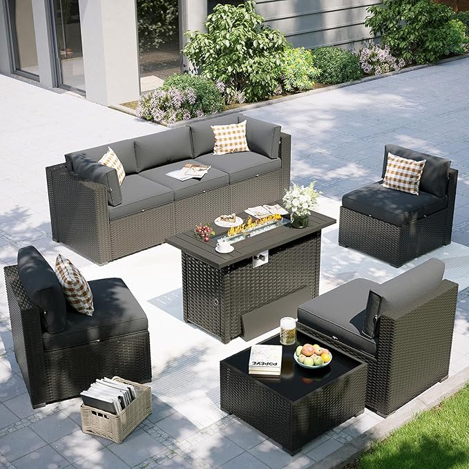 Aoxun Patio Furniture Set with Fire Pit Table, 8 Piece Outdoor Sectional Sofas, Wicker Rattan Outdoor Furniture with Thickened Cushion for Backyard, Garden Dark Grey