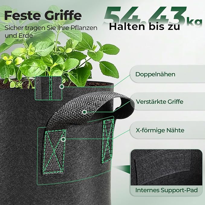 T4U Fabric Plant Grow Bags with Handle 10 Gallon Pack of 5, Heavy Duty Nonwoven Smart Garden Pot Thickened Aeration Nursery Container Black for Outdoor Potato, Tomato, Chili, Carrot and Vegetables