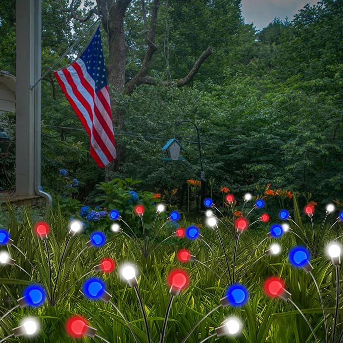 4th of July Decorations, 6 Pack Solar Firefly Lights Outdoor, 36 LED Waterproof Patriotic Decor Garden Lights with 2 Modes for Independence Day National Day Yard Path Decorations (Red White and Blue)