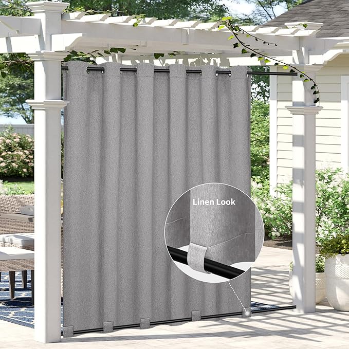 Easy-Going Linen Look Outdoor Curtains Waterproof Windproof Porch Curtains, Soft Thicken Outdoor Privacy Curtains for Patio, Gazebo, Grommet Top and Tab Bottom Drape, 1 Panel, 110x84 inch, Grey