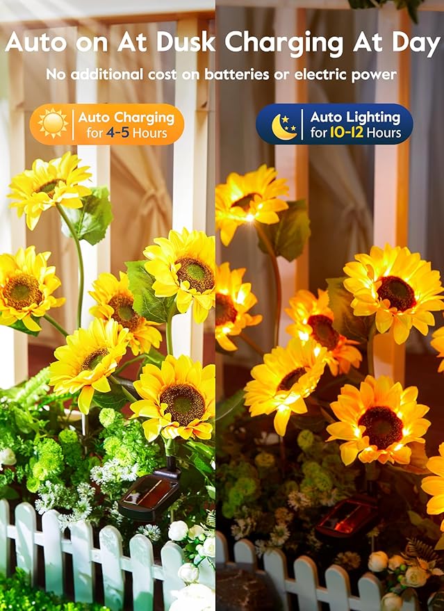 Brightown Outdoor Solar Garden Lights - 4 Pack LED Flower Lights with Larger Sunflowers, Bigger Solar Panel, Waterproof for Outside Yard Patio Garden Decorations