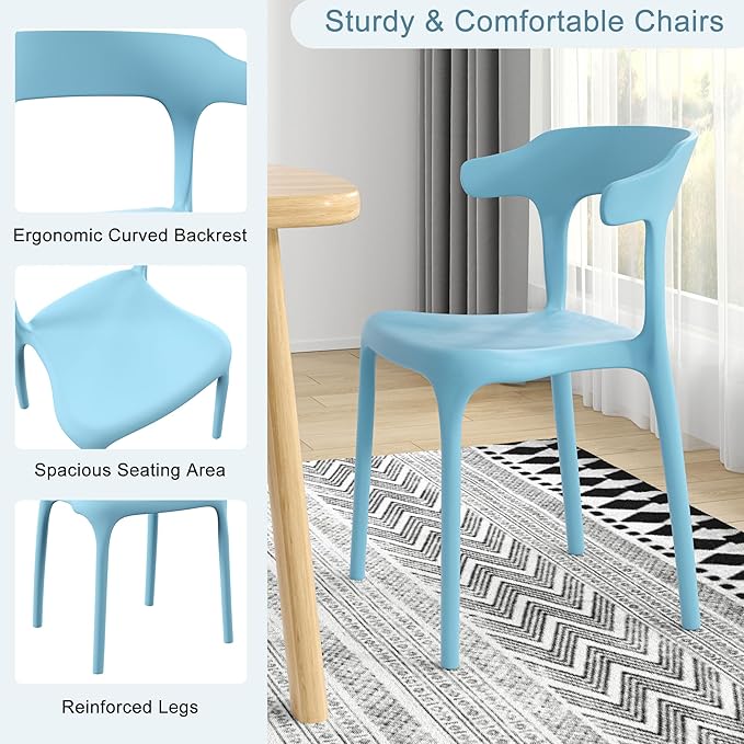 VECELO 4 Pack Plastic Stacking Chairs, Stackable Dining Chairs for Kitchen Restaurant Patio, Portable Indoor Outdoor Use, No Assembly Required, Blue