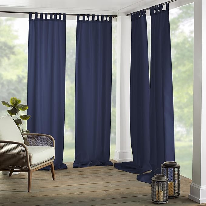 Elrene Home Fashions Matine Weatherproof Tab-Top Indoor/Outdoor Solid Color Curtain Panel for Porch, Pergola, Patio, Deck, 52”W x 95”L, Blue