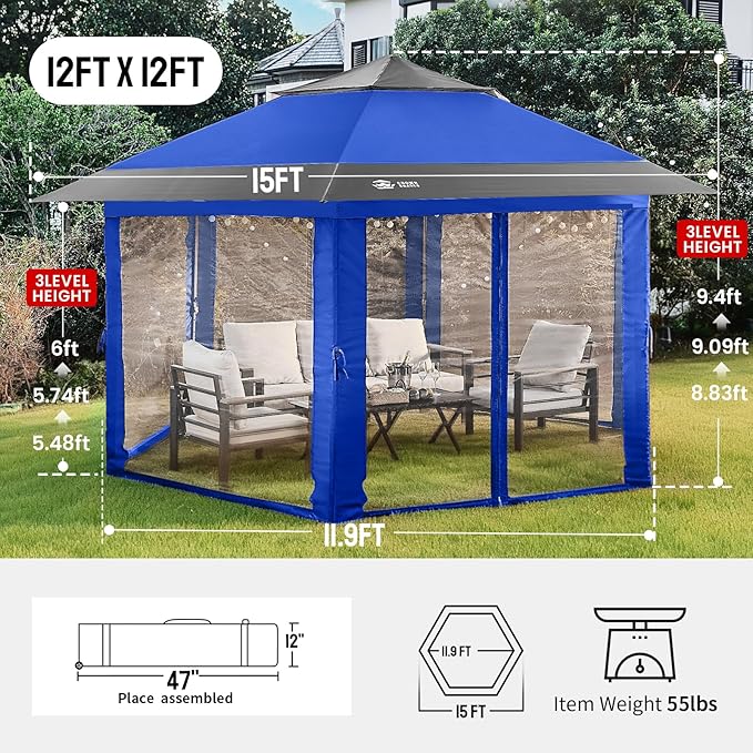 CROWN SHADES 12x12 Pop Up Gazebo with Mosquito Nettings, Patented Center Lock 6-Sided Portable Gazebo, 300D Silver-Coated Fabric UV Resistant, Pop Up Canopy Tent for Patio, Party, Blue&Light Grey