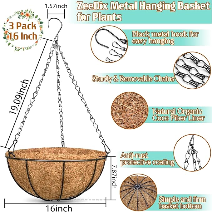 ZeeDix 3 Pack 16 Inch Large Hanging Baskets for Plants Outdoor with Coconut Liners Replacement, Hanging planters Baskets with Natural Coco Liner for Outdoor Indoor Planters Flowers Vegetables
