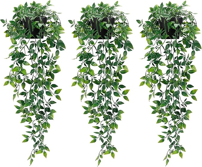Whonline 3 Pack Artificial Hanging Plants Fake Plants with Pots for House Bedroom Wall Garden Decor