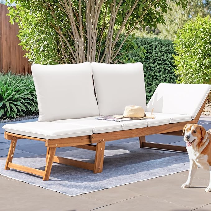Devoko Outdoor Couch Acacia Wood Patio Couch with Adjustable Armrests, Outdoor Convertible Sofa with Removable Cushions & Pillows for Patio, Porch, Poolside(White)