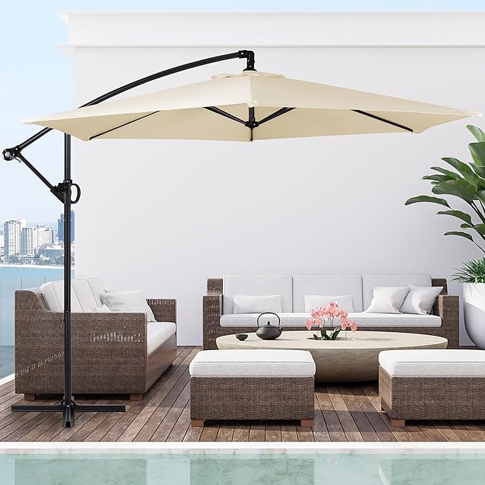 Shintenchi Patio Offset Umbrella with Easy Tilt Adjustment,Crank and Cross Base, Outdoor Cantilever Hanging Umbrella, Sunshade Umbrella Canopy, Cream White