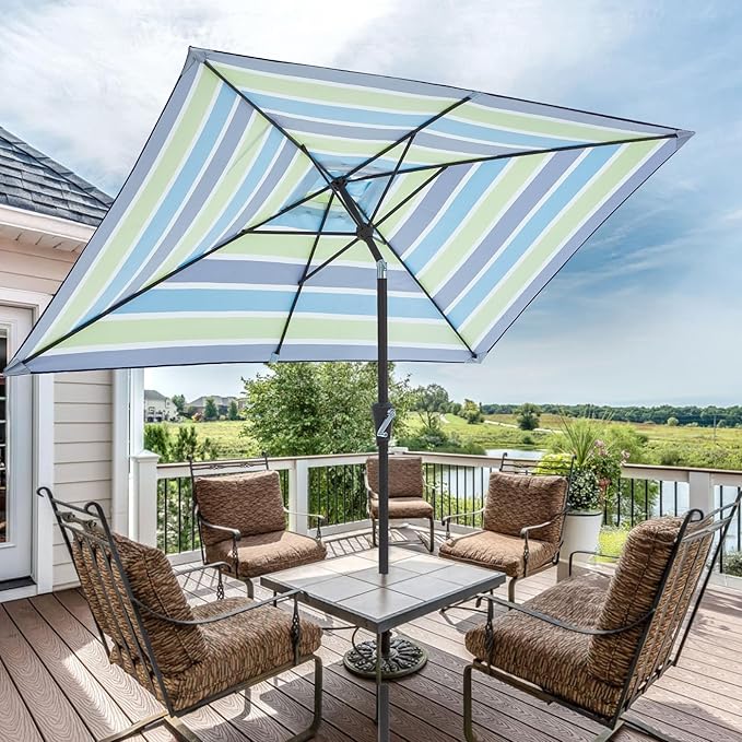 JEAREY 6.5x10 ft Rectangular Patio Umbrellas Rectangle Outdoor Umbrella with Push Button Tilt and Crank, Market Table Umbrella 6 Sturdy Ribs UV Protection for Poolside Garden Backyard Deck, Blue-Green Stripe