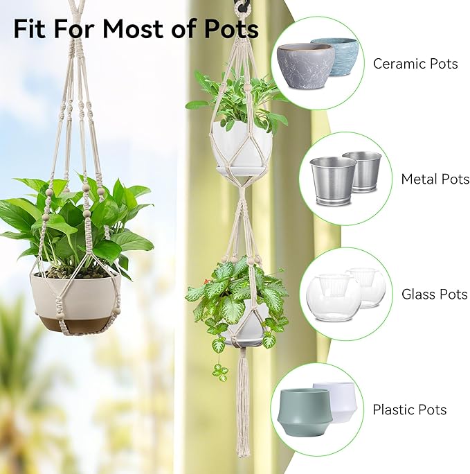 USLAI Macrame Plant Hanger Indoor Outdoor, Fits 4 to 15 Inch Pots, Strong Hanging Planter Holder, Boho Home Decor, 49+35 Inch, Ivory (POTS NOT Included)