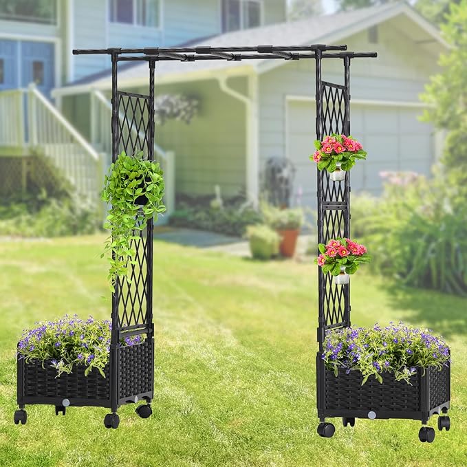 Planter Box with Trellis Outdoor, 53.1in Plastic Raised Garden Bed with Trellis Hanging Roof for Vine Flower, with Lockable Wheels & Drain Plug for Patio Backyard Balcony, Black, 1 Pc