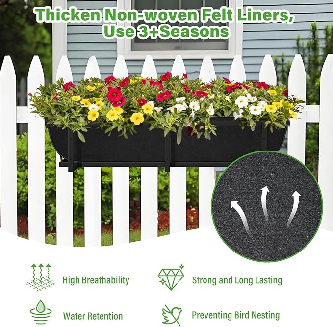 Riare 4 Pack 24 Inch Black Fabric Window Box Liners- Felt Square Trough Planter Basket Liners Replacement, Non-Woven Hanging Flower Plant Box Liner for Outdoor Plants Garden Fence- Avoid Birds Nesting